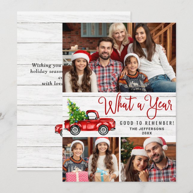 What a Year Christmas Red Farm Truck 3 Photo Holiday Card (Front/Back)