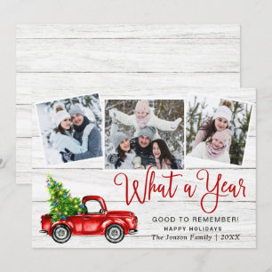 What a Year Christmas Red Farm Truck 3 Photo Holiday Card