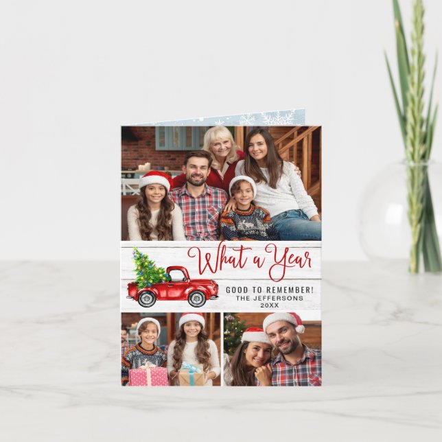 What a Year Christmas Red Farm Truck 3 Photo Holiday Card (Front)
