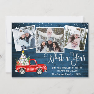 What a Year Christmas Red Farm Truck 3 Photo Holiday Card