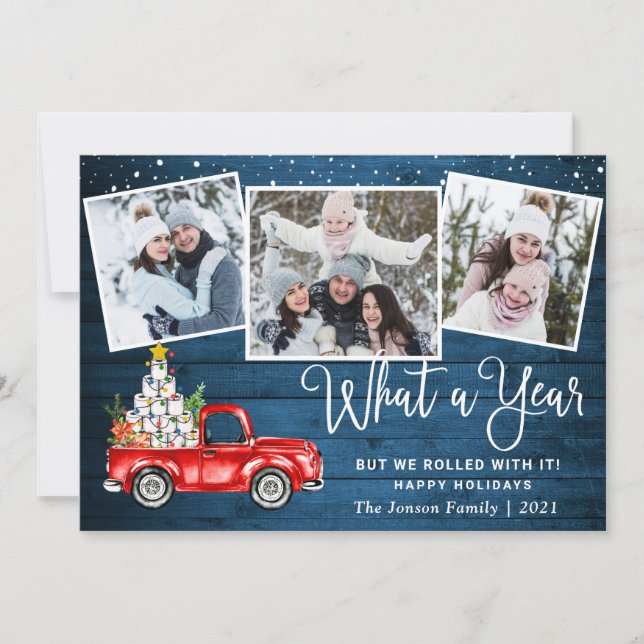 What a Year Christmas Red Farm Truck 3 Photo Holiday Card (Front)