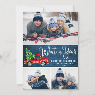 What a Year Christmas Red Farm Truck 3 Photo Holiday Card
