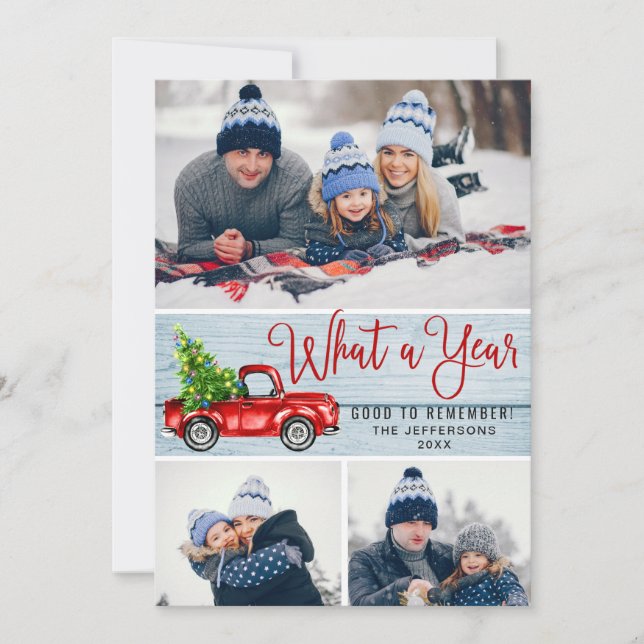 What a Year Christmas Red Farm Truck 3 Photo Holiday Card (Front)