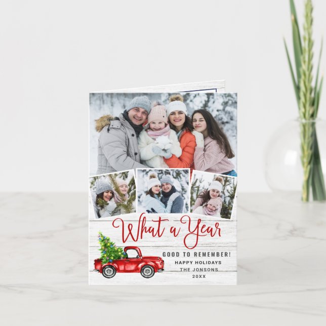 What a Year Christmas Red Farm Truck 3 Photo  Holiday Card (Front)