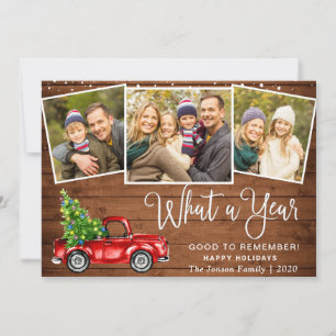 What a Year Christmas Red Farm Truck 3 Photo Holiday Card