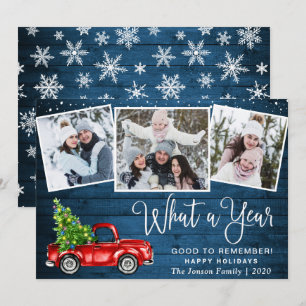 What a Year Christmas Red Farm Truck 3 Photo Holiday Card