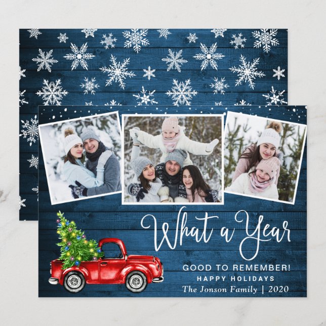 What a Year Christmas Red Farm Truck 3 Photo Holiday Card (Front/Back)