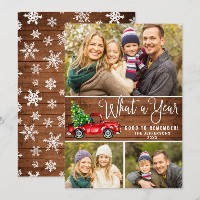 What a Year Christmas Red Farm Truck 3 Photo Holiday Card (Front/Back)