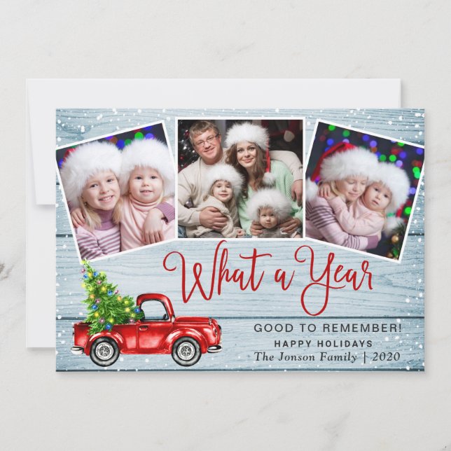 What a Year Christmas Red Farm Truck 3 Photo Holiday Card (Front)