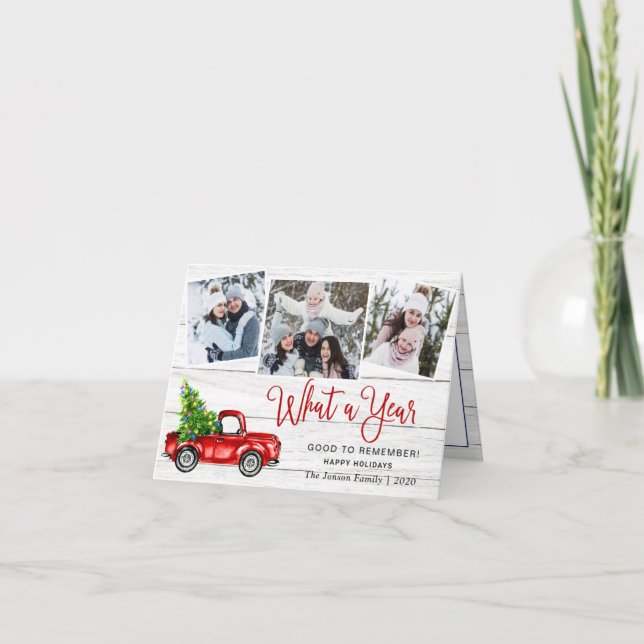 What a Year Christmas Red Farm Truck 3 Photo Holiday Card (Front)