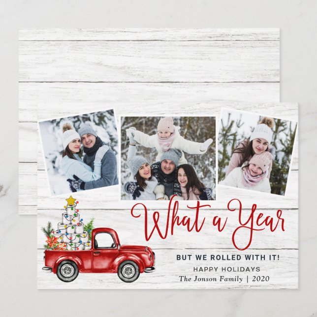 What a Year Christmas Red Farm Truck 3 Photo Holiday Card (Front/Back)