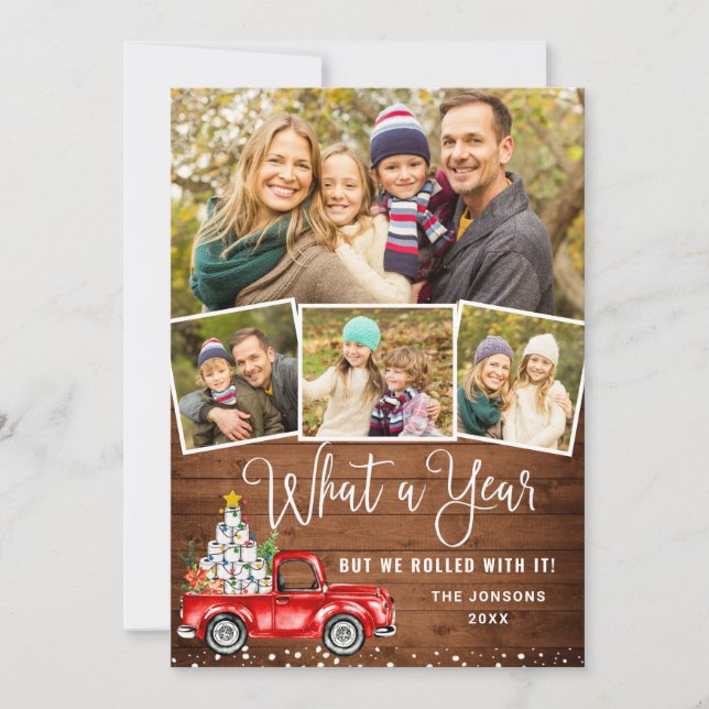 What a Year Christmas Red Farm Truck 4 Photo Holiday Card (Front)