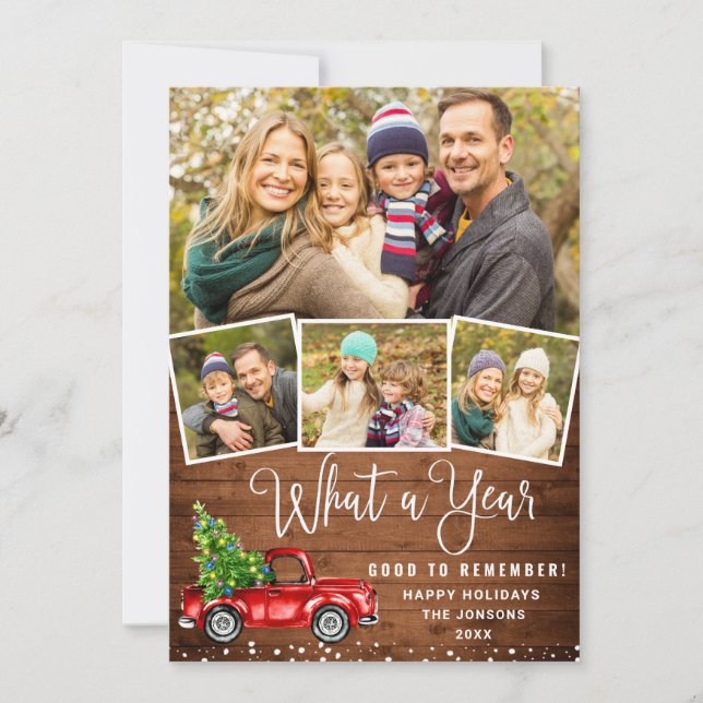 What a Year Christmas Red Farm Truck 4 Photo  Holiday Card (Front)