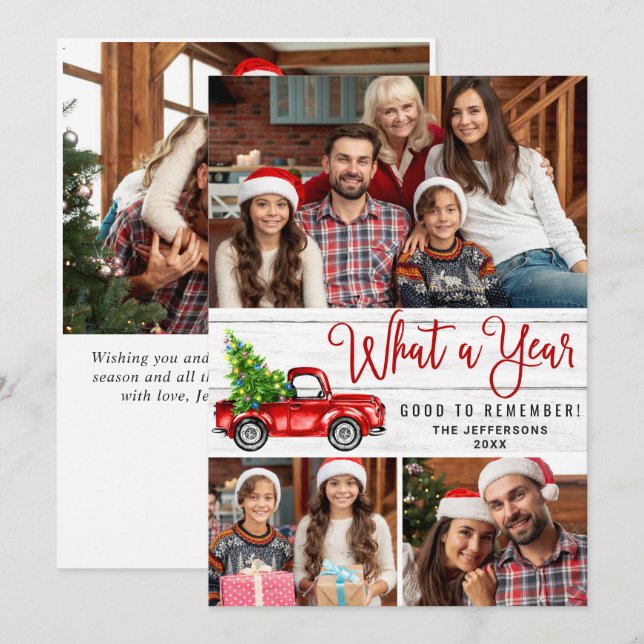 What a Year Christmas Red Farm Truck 4 Photo Holiday Card (Front/Back)