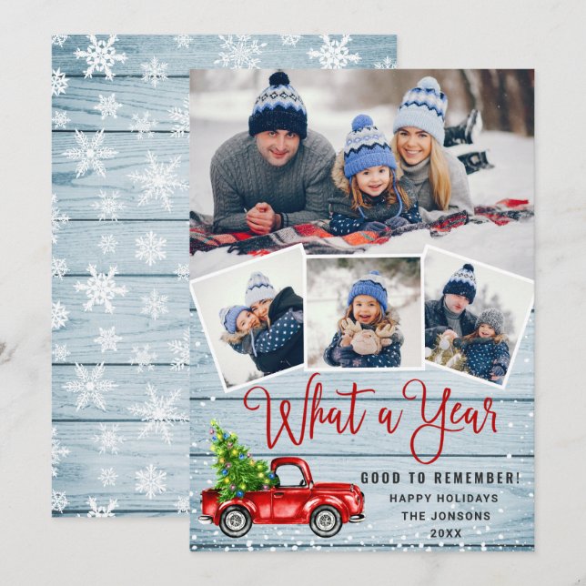 What a Year Christmas Red Farm Truck 4 Photo  Holiday Card (Front/Back)