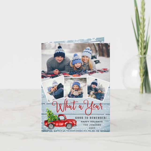 What a Year Christmas Red Farm Truck 4 Photo Holiday Card (Front)