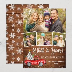What a Year Christmas Red Farm Truck 4 Photo Holiday Card