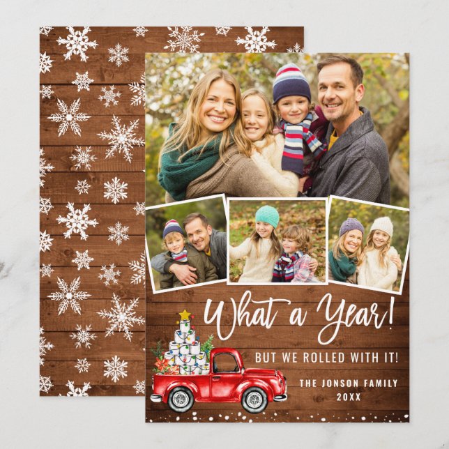 What a Year Christmas Red Farm Truck 4 Photo Holiday Card (Front/Back)