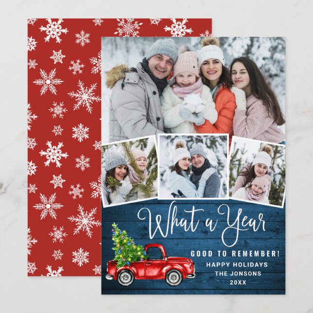What a Year Christmas Red Farm Truck 4 Photo  Holiday Card (Front/Back)