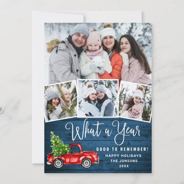 What a Year Christmas Red Farm Truck 4 Photo  Holiday Card (Front)