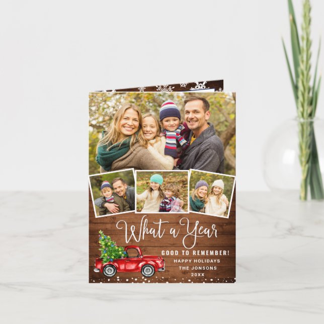 What a Year Christmas Red Farm Truck 4 Photo  Holiday Card (Front)