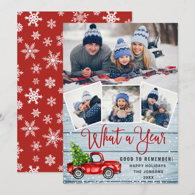 What a Year Christmas Red Farm Truck 4 Photo  Holiday Card (Front/Back)