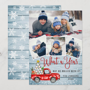 What a Year Christmas Red Farm Truck 4 Photo Holiday Card