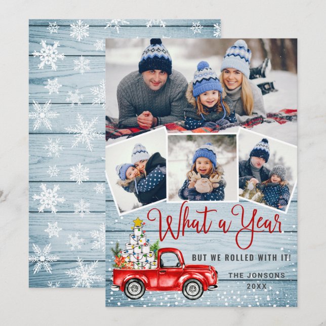 What a Year Christmas Red Farm Truck 4 Photo Holiday Card (Front/Back)