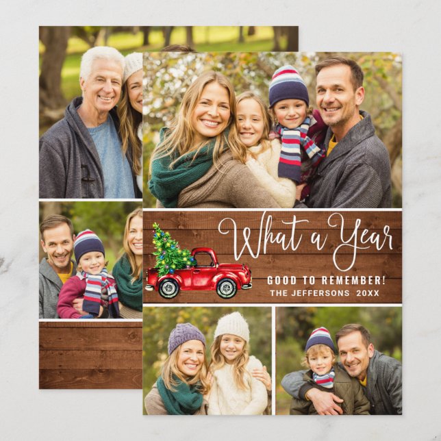 What a Year Christmas Red Farm Truck 6 Photo Boho  Holiday Card (Front/Back)