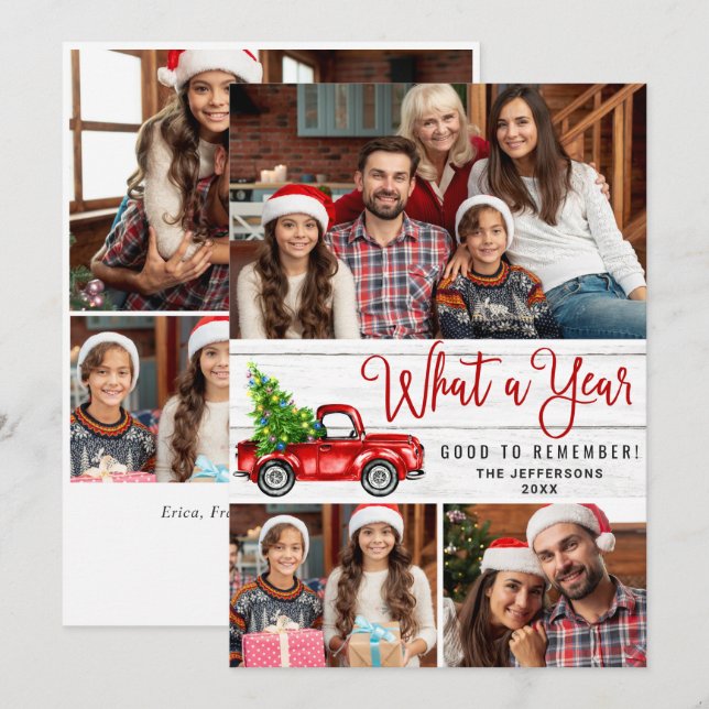 What a Year Christmas Red Farm Truck 6 Photo Holiday Card (Front/Back)