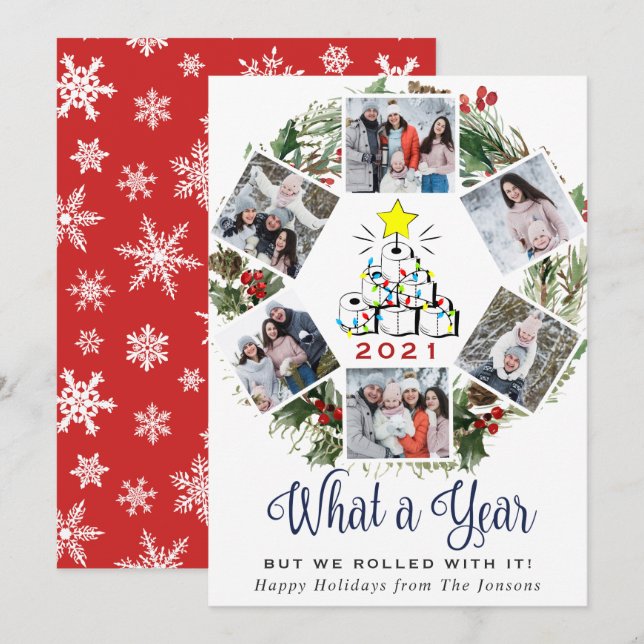 What a Year Christmas Red Farm Truck 6 Photo Holiday Card (Front/Back)