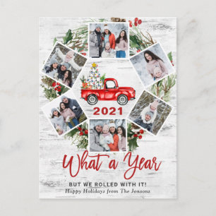 What a Year Christmas Red Farm Truck 6 Photo Holiday Postcard