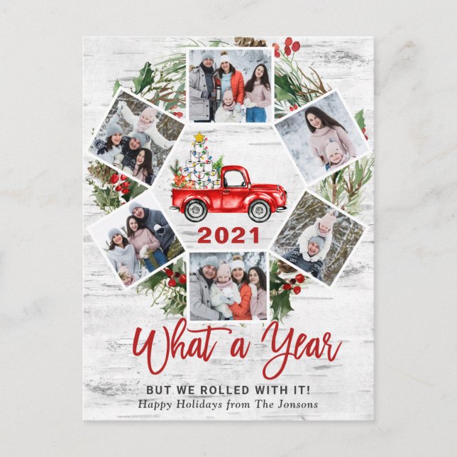 What a Year Christmas Red Farm Truck 6 Photo Holiday Postcard (Front)