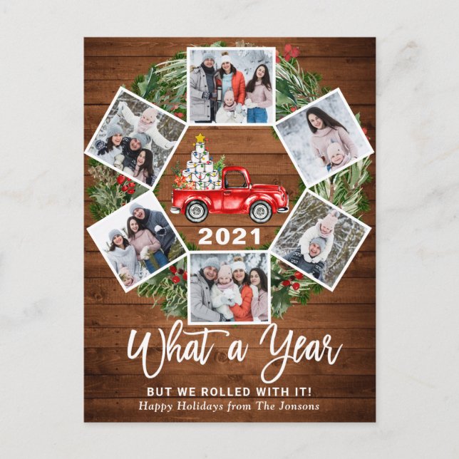 What a Year Christmas Red Farm Truck 6 Photo Holiday Postcard (Front)