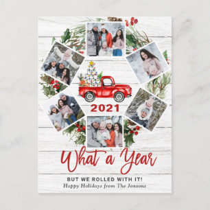 What a Year Christmas Red Farm Truck 6 Photo Holiday Postcard