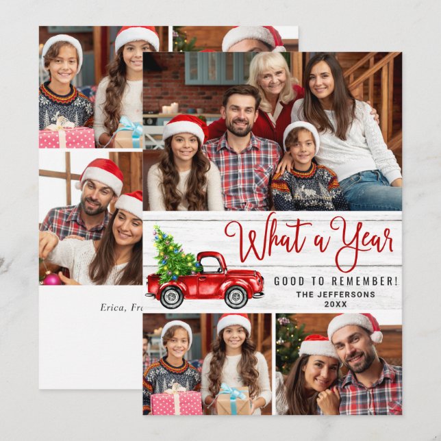 What a Year Christmas Red Farm Truck 7 Photo Holiday Card (Front/Back)