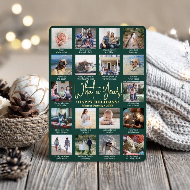 What a Year! Dark Green 18 Photo Collage Modern Foil Holiday Card (Creator Uploaded)