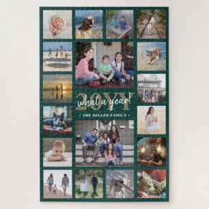 What a Year Family Photo Collage Green & Gold Xmas Jigsaw Puzzle