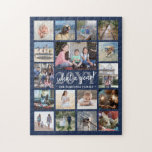 What a Year Family Photo Collage Navy Blue Holiday Jigsaw Puzzle<br><div class="desc">What a year to remember! Celebrate the simple joys of family with a unique and fun photo collage Holiday puzzle. If you prefer a background or text in colours other than blue, white and grey, see instructions below. Design features elegant handwritten style script calligraphy, modern typography family name and year,...</div>