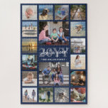 What a Year Family Photo Collage Navy Blue Holiday Jigsaw Puzzle<br><div class="desc">What a year to remember! Celebrate the simple joys of family with a unique and fun photo collage Holiday puzzle. If you prefer a background or text in colors other than navy blue, white and gray, see instructions below. Design features elegant handwritten style script calligraphy, modern typography family name and...</div>