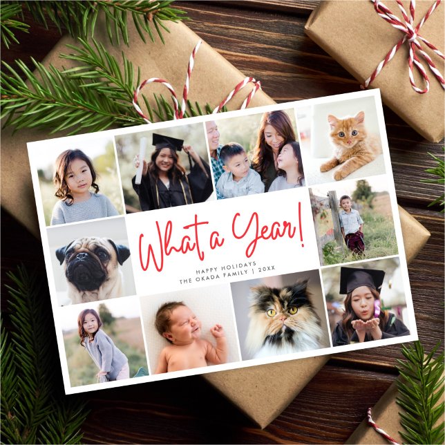 WHAT A YEAR! Fun Festive Modern 10 Photos New Year Holiday Card (Creator Uploaded)