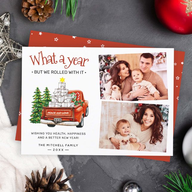 What A Year Funny Toilet Paper Xmas Tree 2 Photo Holiday Card (Creator Uploaded)