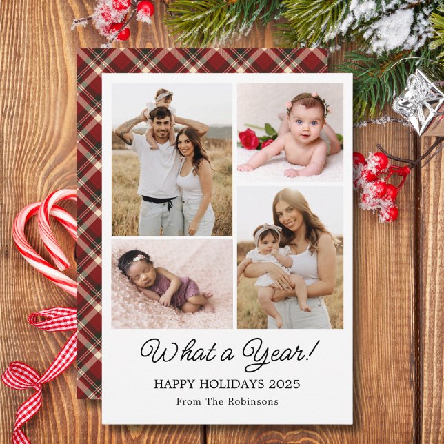 What A Year In Review Family Photo Collage Plaid Holiday Card (Creator Uploaded)