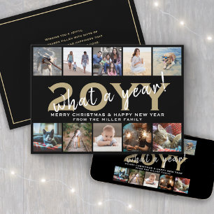 What a Year Modern 10 Photo Collage Black and Gold Holiday Card