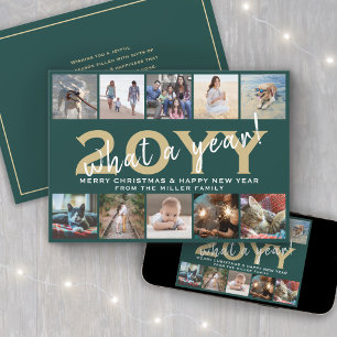 What a Year Modern 10 Photo Collage Green and Gold Holiday Card