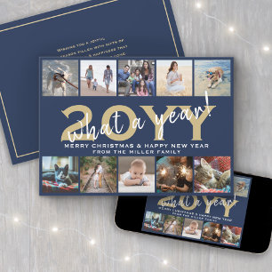 What a Year Modern 10 Photo Collage Navy Blue Gold Holiday Card