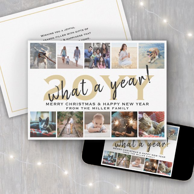 What a Year Modern 10 Photo Collage White and Gold Holiday Card (Creator Uploaded)
