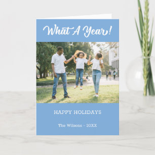 What A Year Modern 2 Photo Light Blue Holiday Card