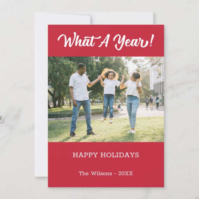 What A Year Modern 2 Photo Red Holiday Card (Front)