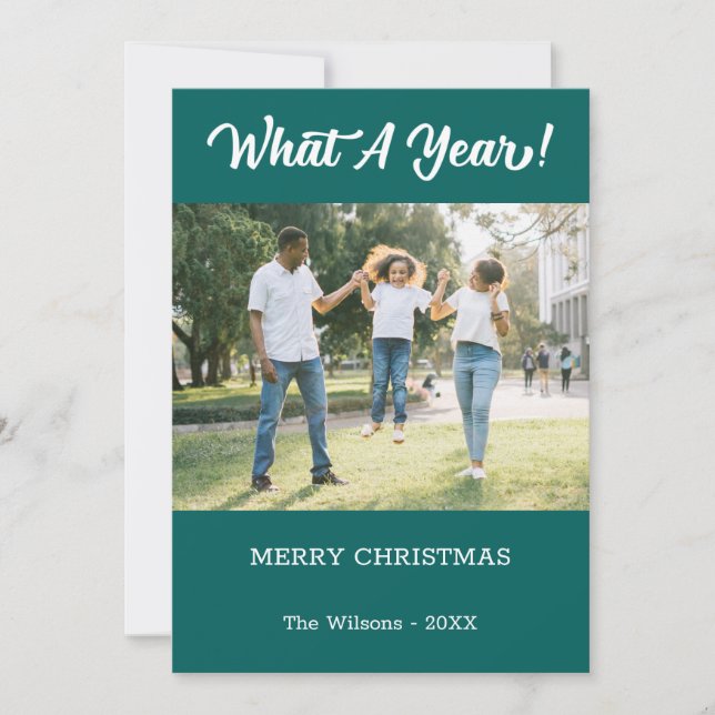 What A Year Modern 2 Photo Teal Holiday Card (Front)